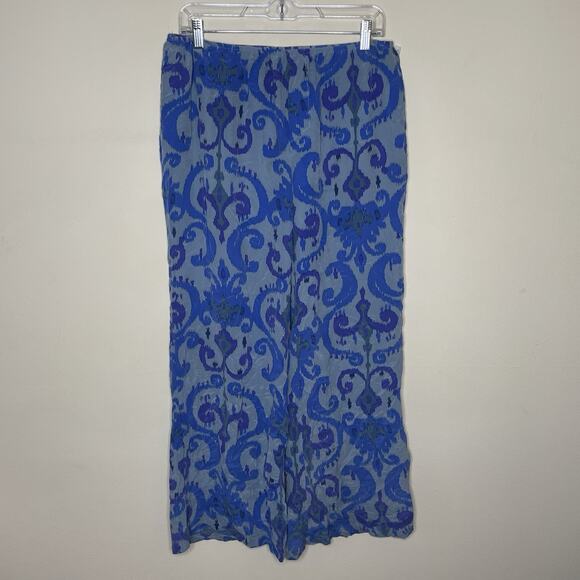 AUM COUTURE Blue Purple 100% Silk Ikat Paisley Print Pants Pull On Beach Boho L - Picture 2 of 10